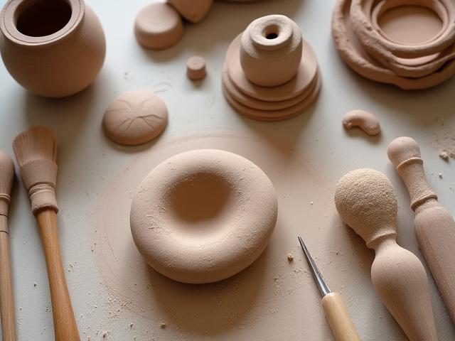 Close-up view of pottery in various stages of creation on a workbench, with tools scattered around.