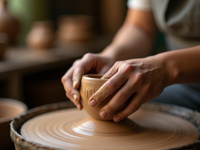 Artist's hands shaping clay on a potter's wheel during a custom commission consultation
